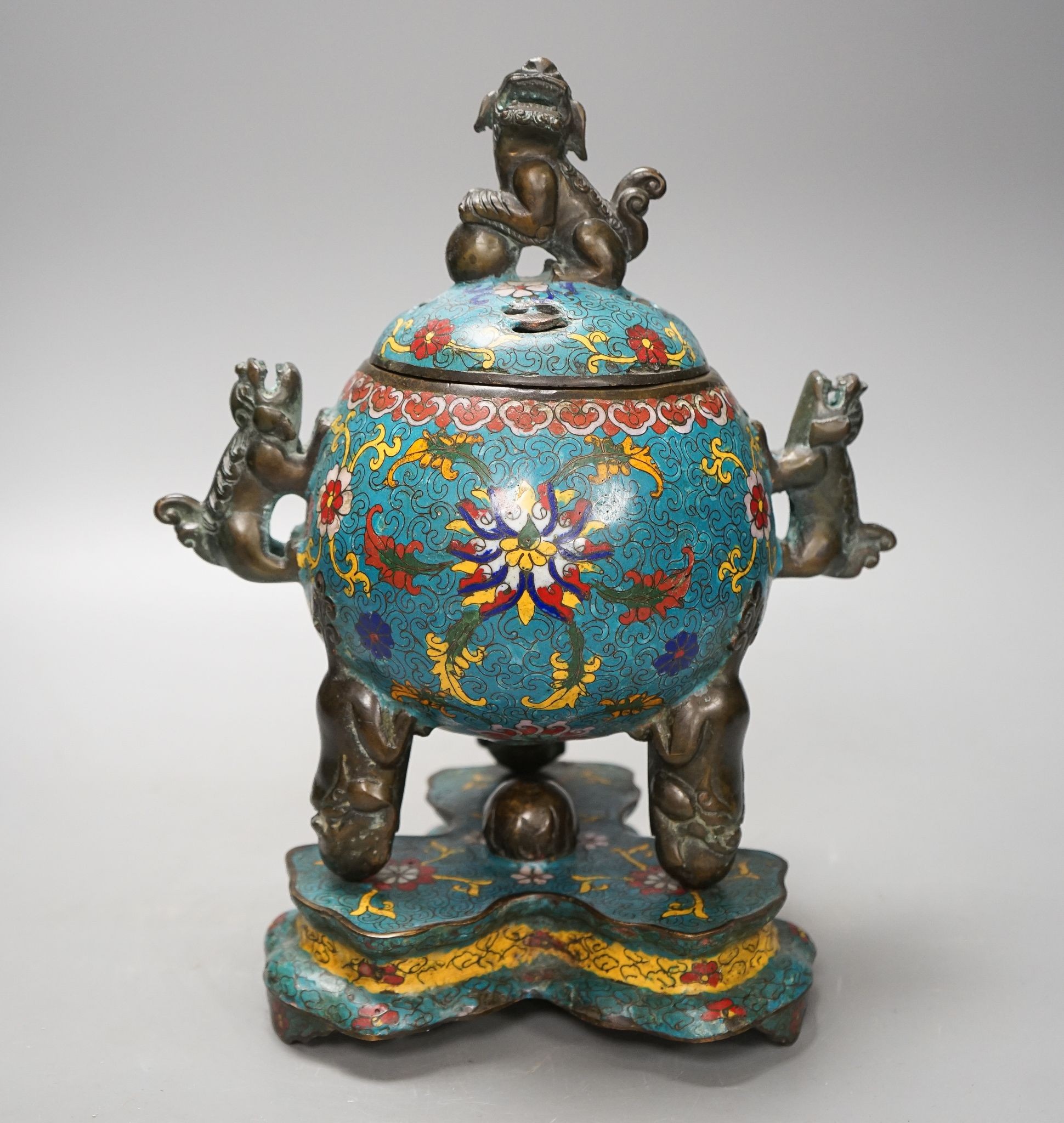 A large Chinese cloisonne enamel tripod censer, cover and stand, 29cm